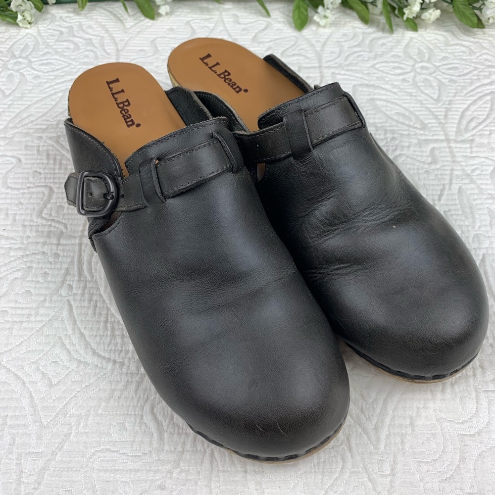 L.L. Bean//Dark Brown Leather Clogs Buckle Sides